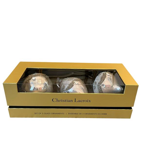 Christian Lacroix Beaded Glass Ornament Set of 3 Iridescent Pink & Gold NEW - Picture 2 of 16